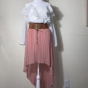 Beautiful Set,low high pleated  skirt and v neck long sleeve off shoulder blouse